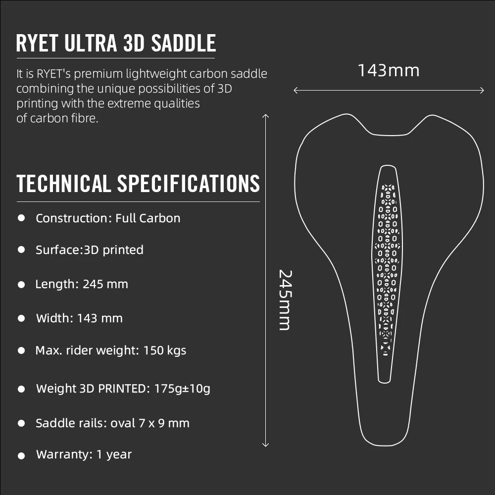 RYET Carbon 3D Printed Saddle Ultralight 175g 7*9 Bike Seating For Men