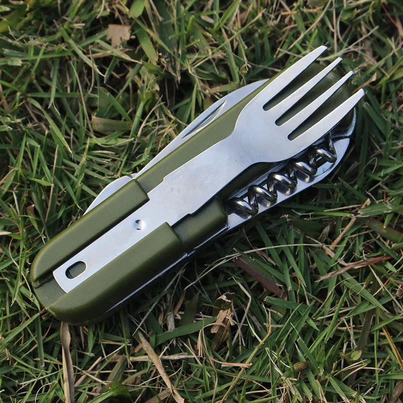 2022 Outdoor Portable Army Green Folding Camping Cutlery Knife Fork