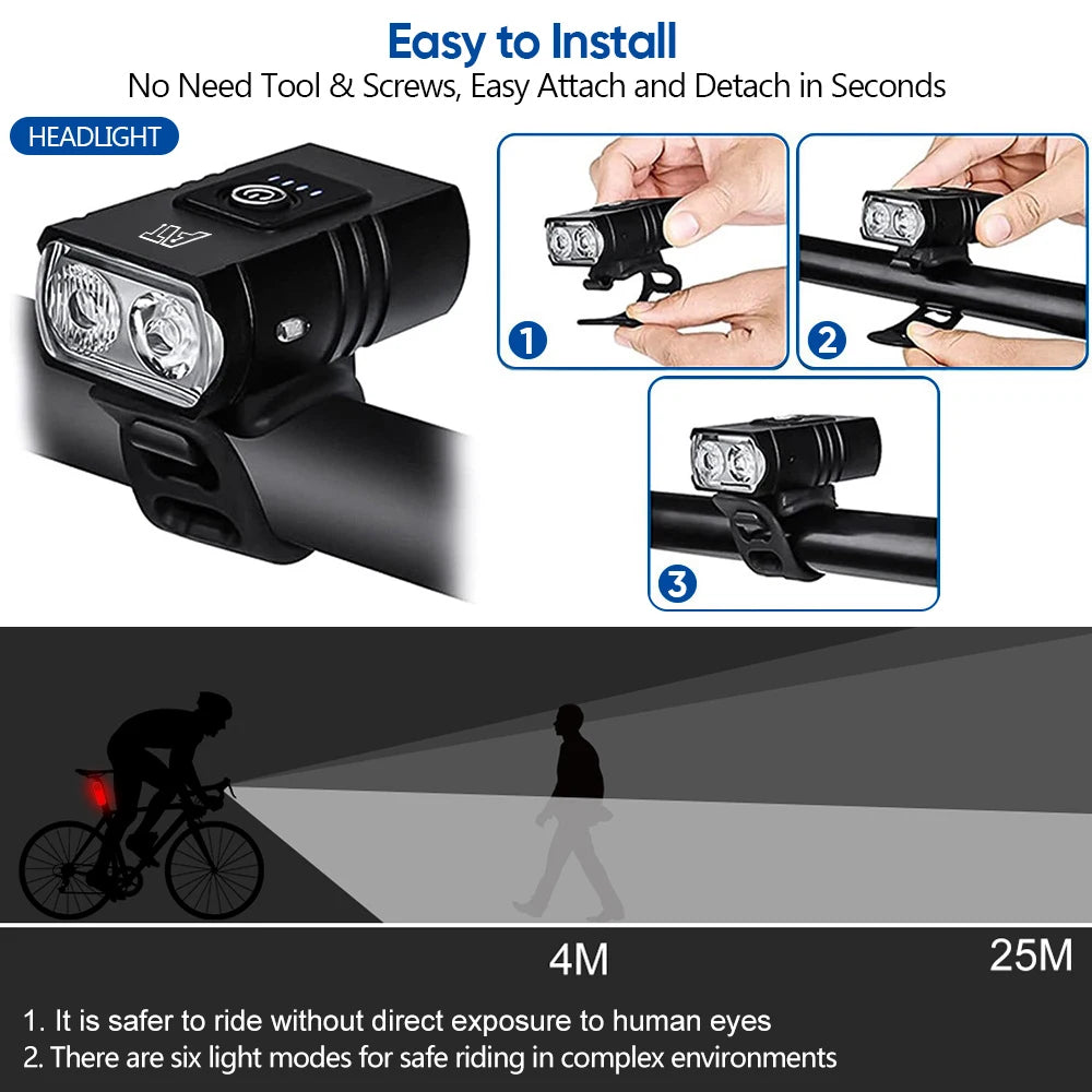 Bike Light T6 LED Bicycle Front Lamp Type-C Rechargeable MTB Headlight