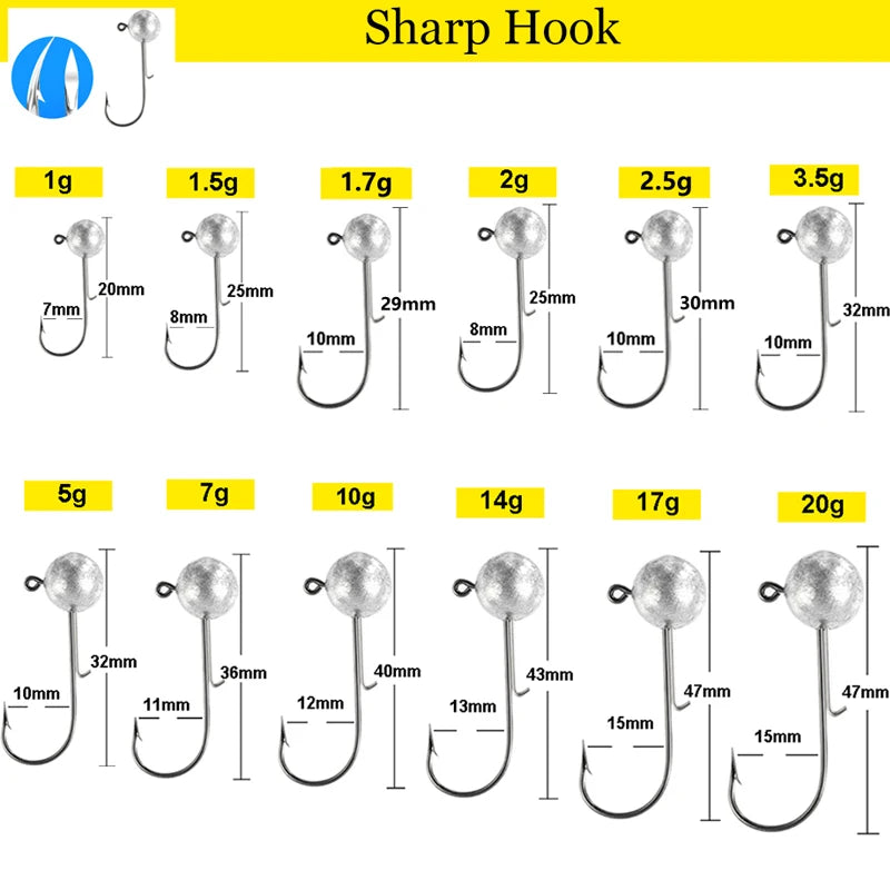 10pcs/lot big head jigs hook 1g-20g All size Round Ball Jig Head Hook