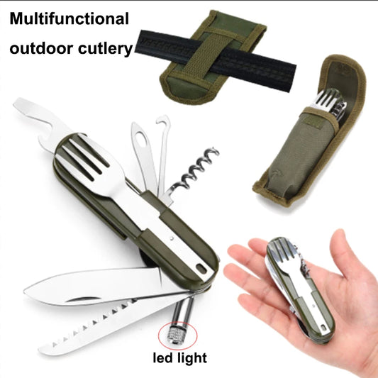 2022 Outdoor Portable Army Green Folding Camping Cutlery Knife Fork