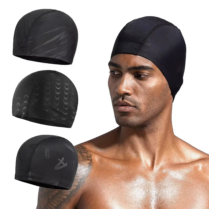 Women Men Spandex Swimming Cap Black Lightning Shark Skin Letters