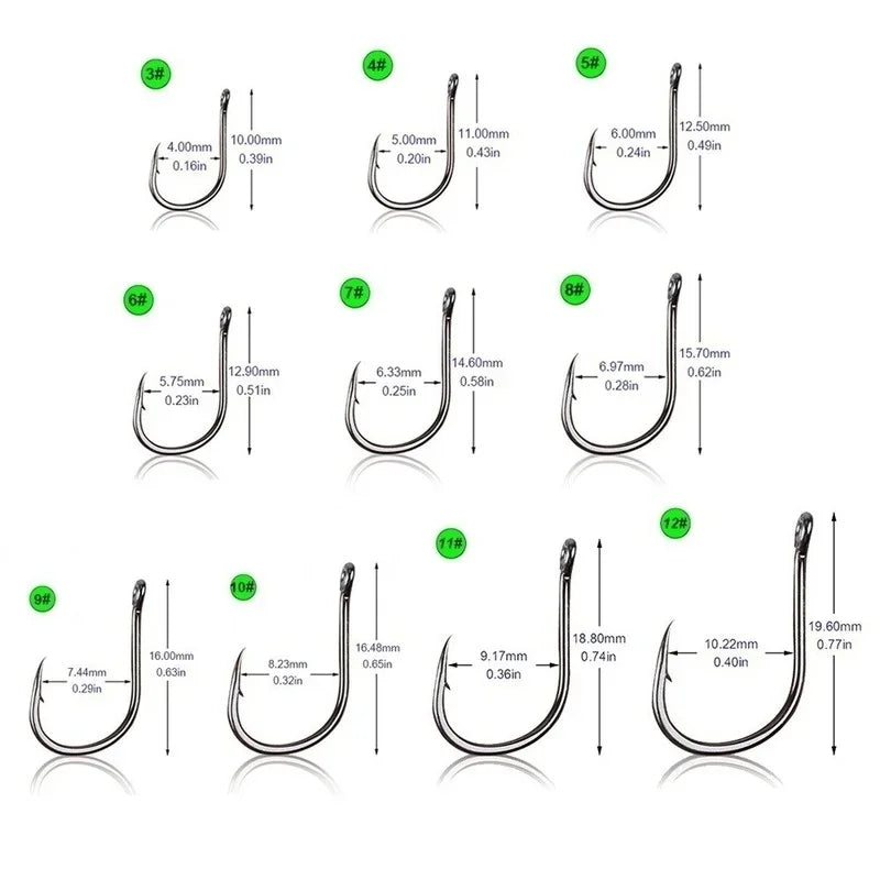 100Pcs/box #3~#12 High Carbon Steel Hooks, Sport Circle Silver Fishing