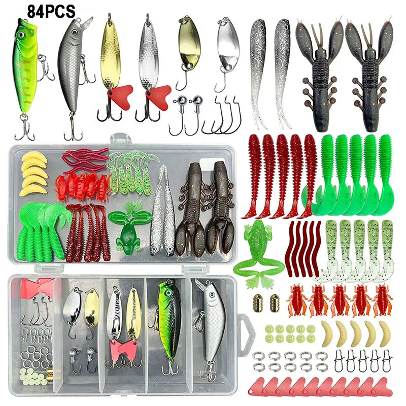 84/107pcs Fishing Lure Kit Soft and Hard Bait Set Gear Layer Metal Jig