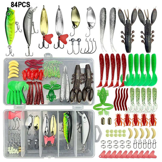 84/107pcs Fishing Lure Kit Soft and Hard Bait Set Gear Layer Metal Jig