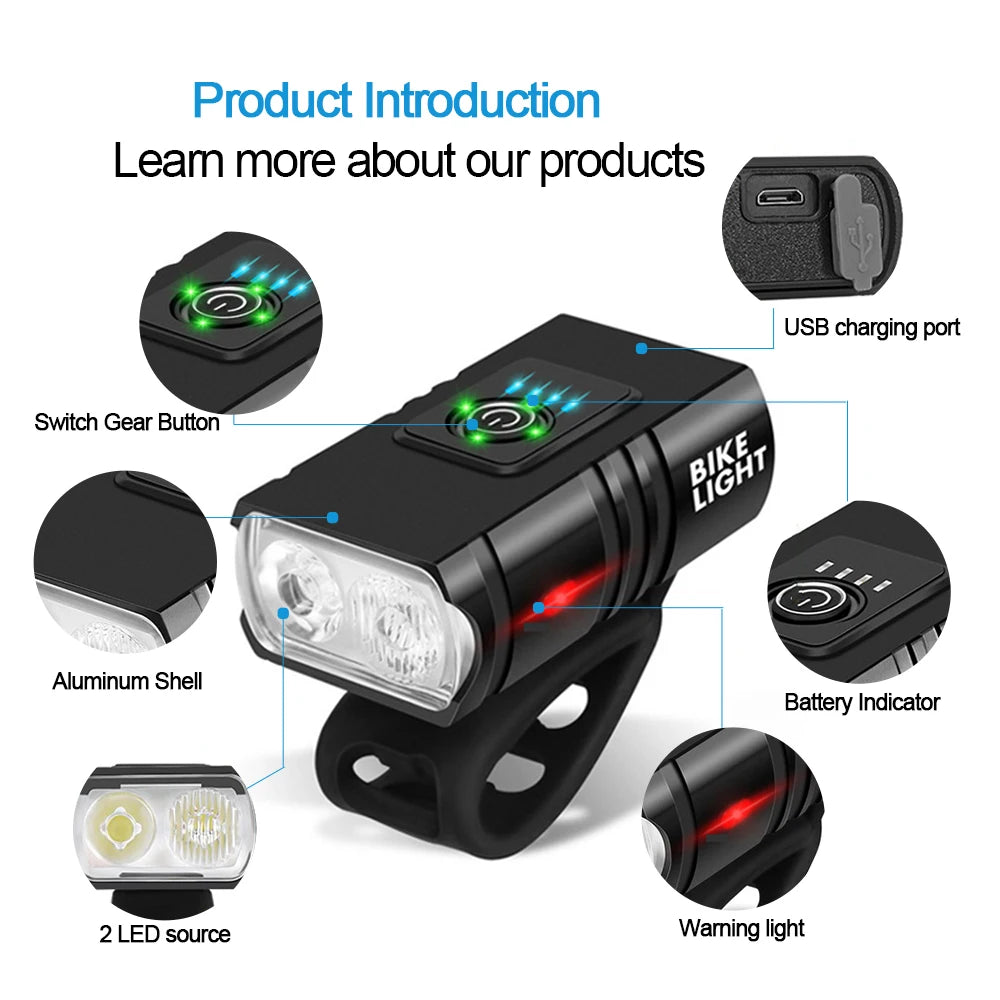 2 T6 LED Bike Light Type-C Charging Bicycle Lights Front 6 Modes MTB