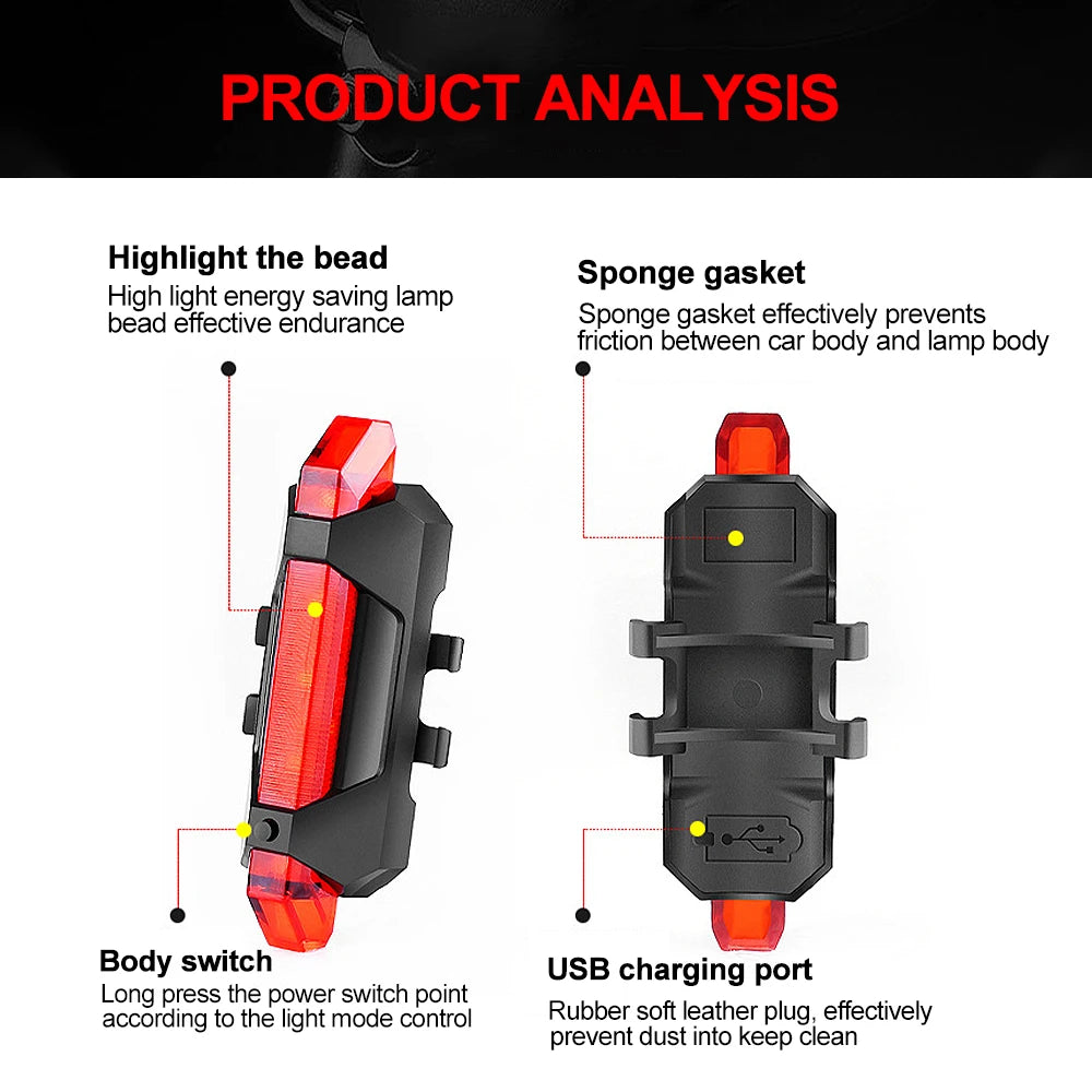 USB Rechargeable Bike Light Taillight Easy to Install 3 Modes Bicycle