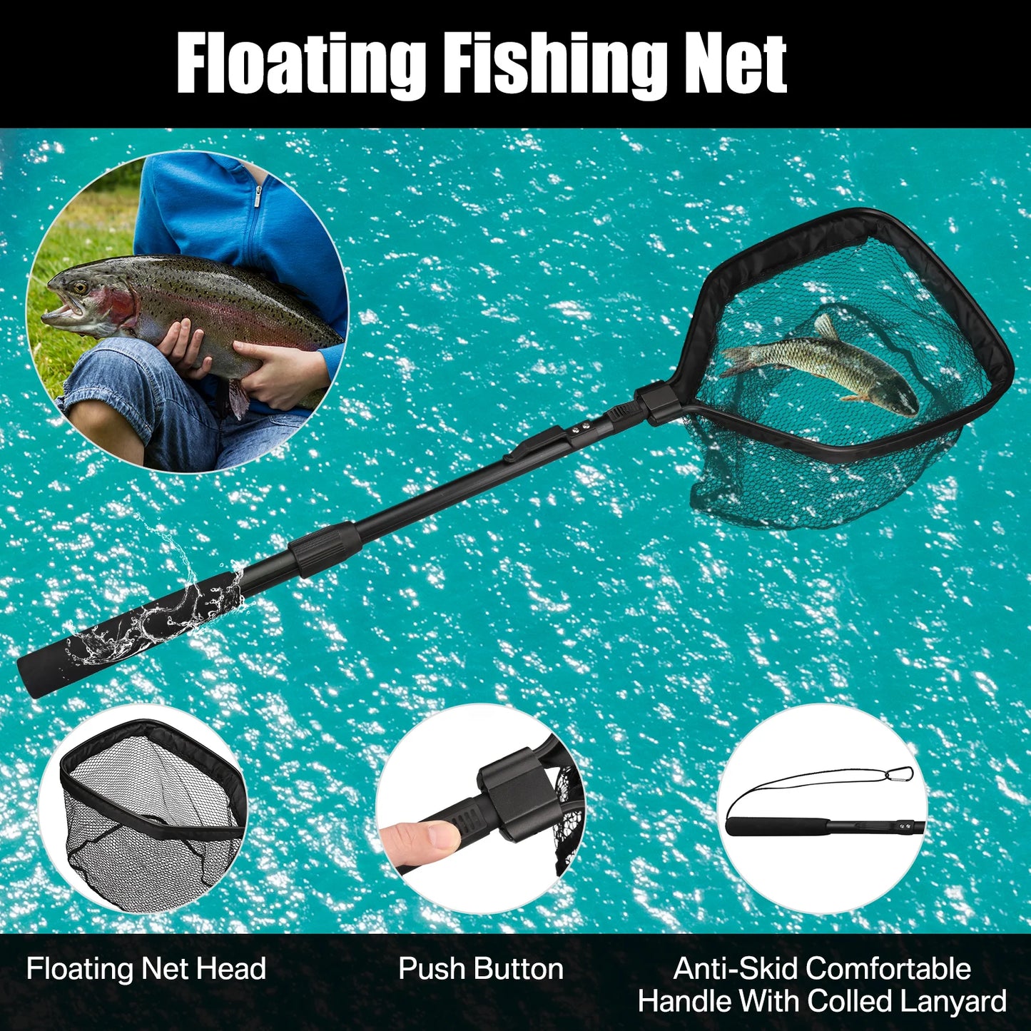 55cm-190cm telescopic fishing net, suitable for salmon, carp, catfish,