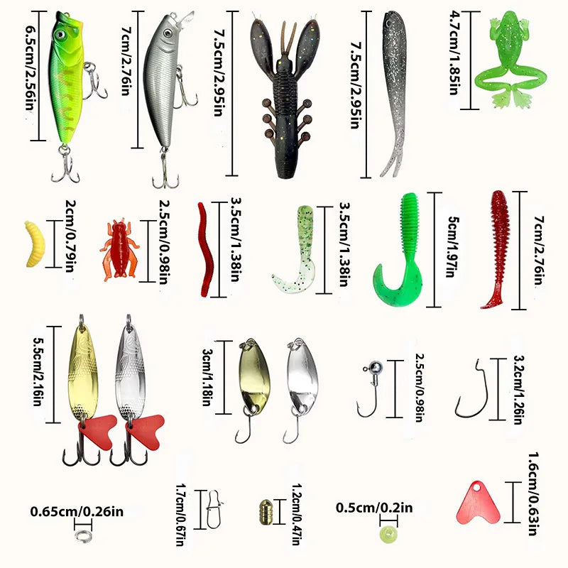 84/107pcs Fishing Lure Kit Soft and Hard Bait Set Gear Layer Metal Jig