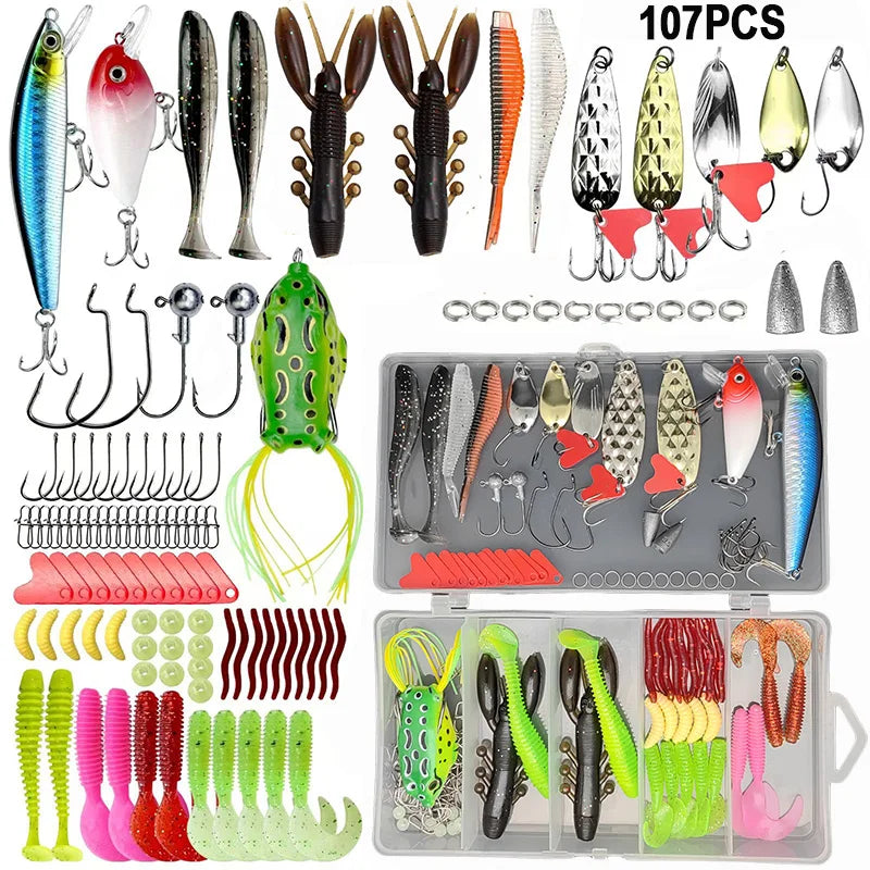 84/107pcs Fishing Lure Kit Soft and Hard Bait Set Gear Layer Metal Jig