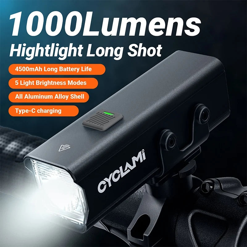 CYCLAMI 1000LM Bike Light Front Lamp Type-C Rechargeable LED 21700
