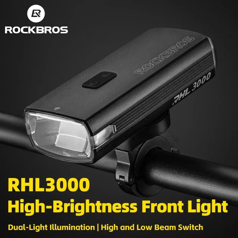 ROCKBROS 3000LM Bike Light 10000mAh Power Bank Type-C Charging Front