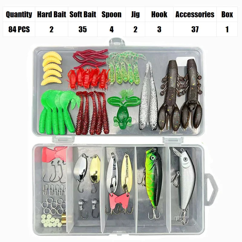 84/107pcs Fishing Lure Kit Soft and Hard Bait Set Gear Layer Metal Jig