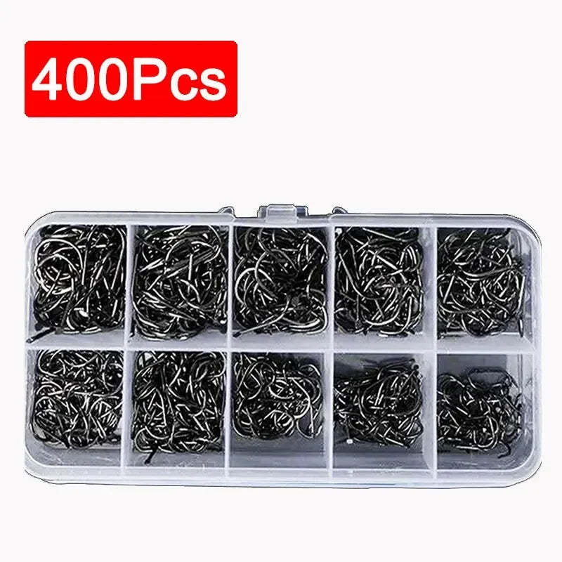 400Pcs Boxed High Carbon Steel Fishing Hooks Wide Gap Offset Fishing