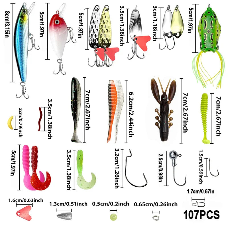 84/107pcs Fishing Lure Kit Soft and Hard Bait Set Gear Layer Metal Jig