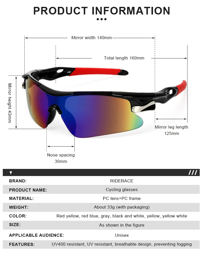 RIDERACE Sports Men Sunglasses Road Bicycle Glasses Mountain Cycling