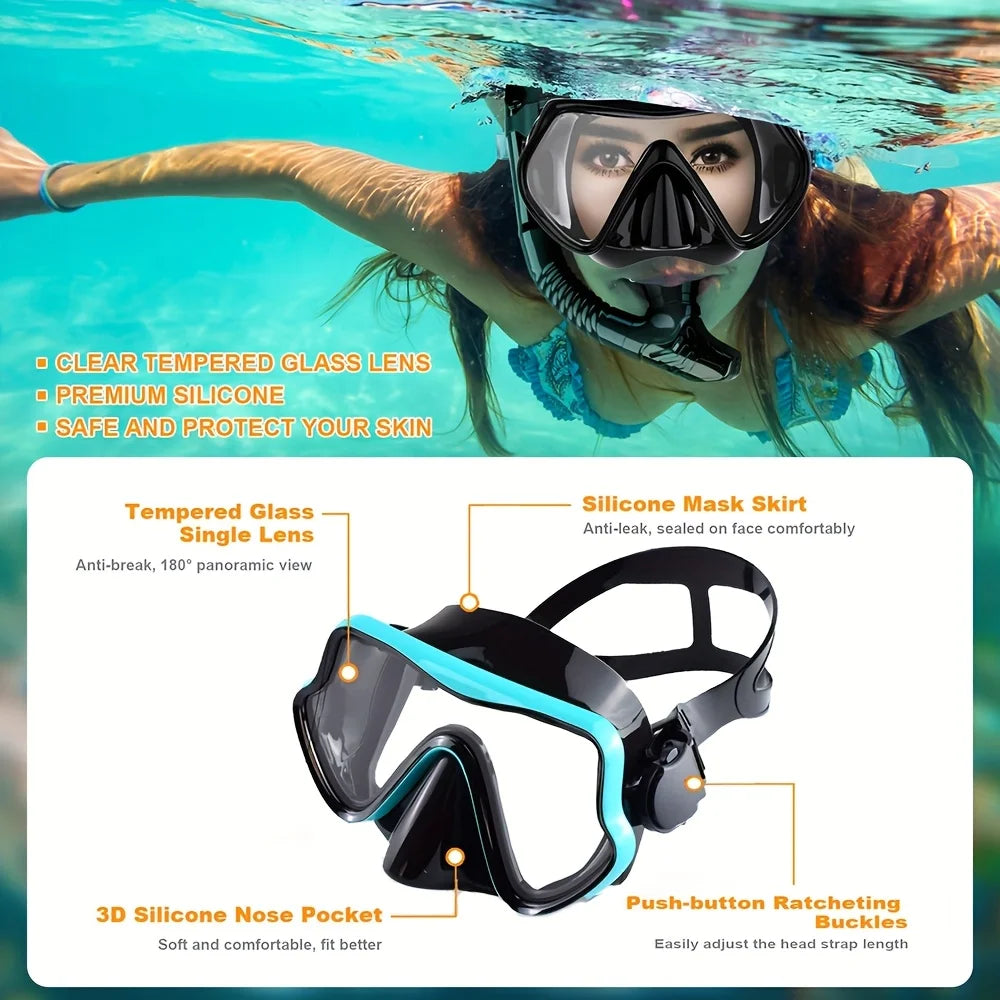 Scuba Diving Mask Snorkel Set For Adults Tempered Glass Professional