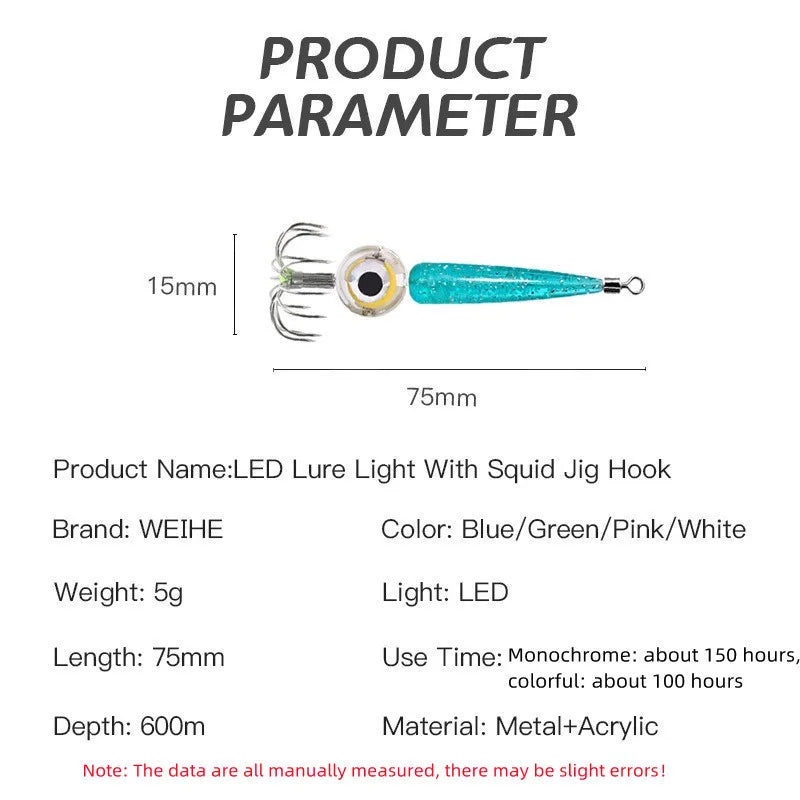 Fishing Lures 5g Squid Hook with LED Light Squid Jig Lure Luminous