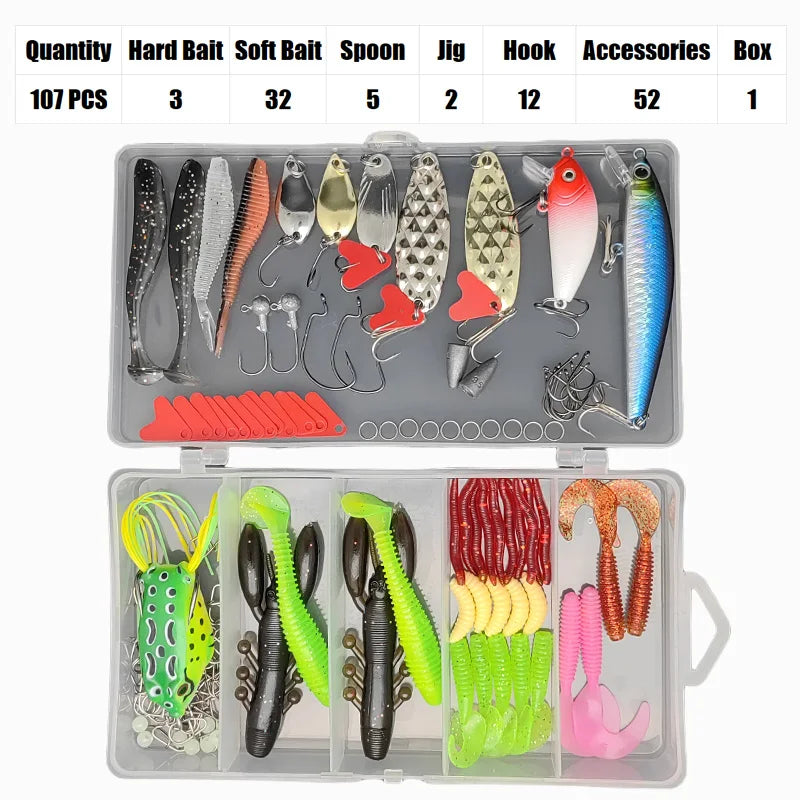 84/107pcs Fishing Lure Kit Soft and Hard Bait Set Gear Layer Metal Jig