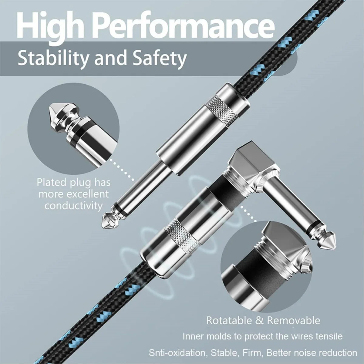 Electric Guitar Cable Braided 1/4 ft Jack 90 Degree TS 6.5mm Audio