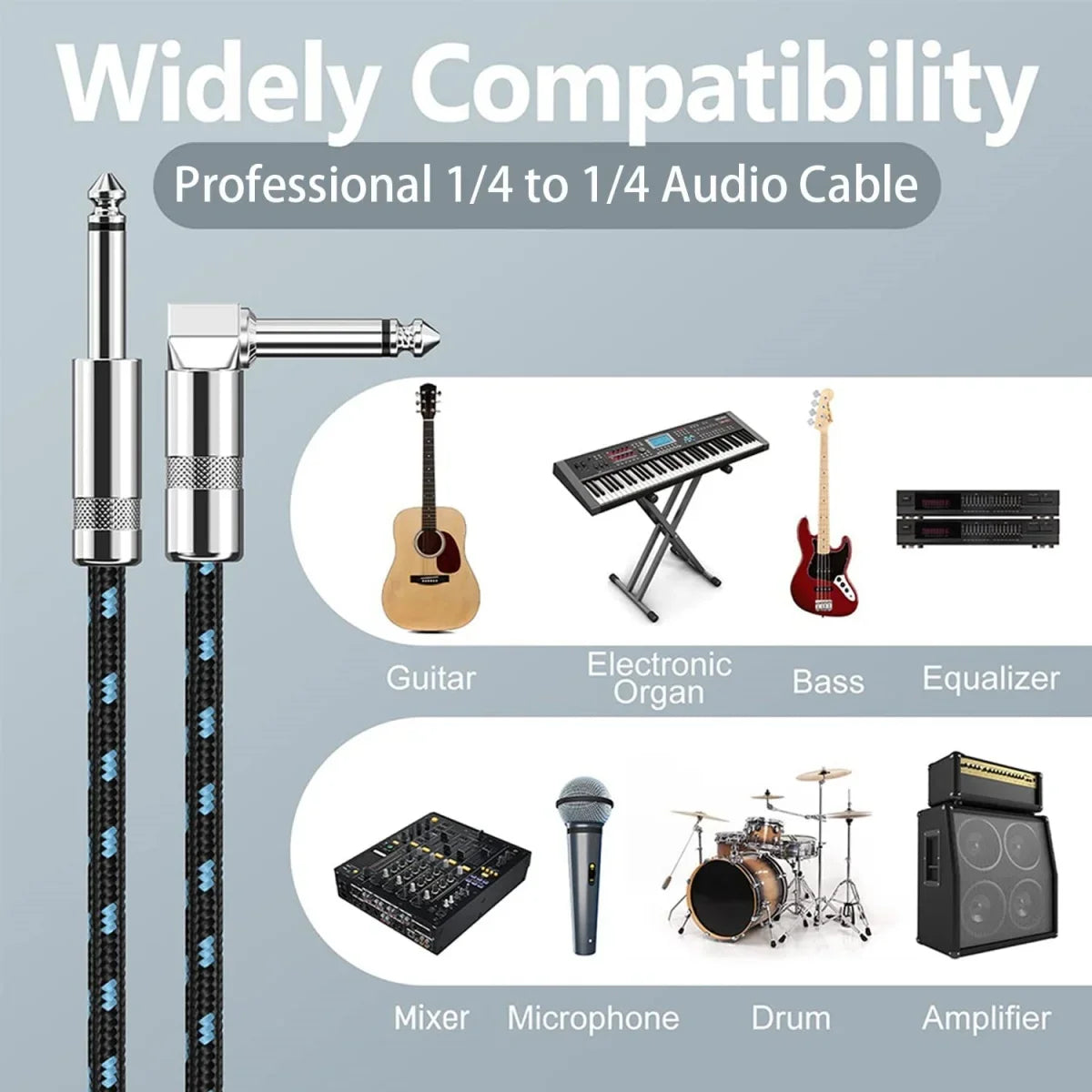 Electric Guitar Cable Braided 1/4 ft Jack 90 Degree TS 6.5mm Audio