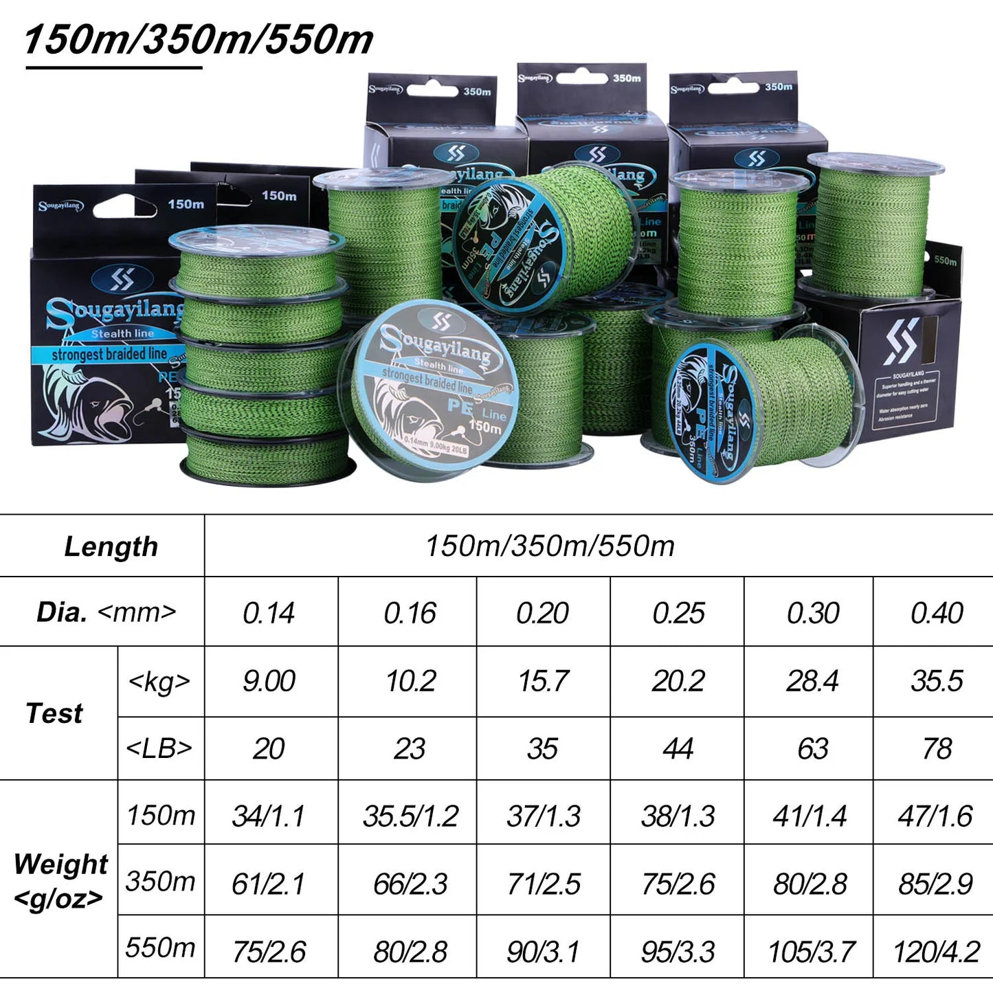 Sougayilang 150M 350M PE Braid Fishing Line 4 Strands Speckled