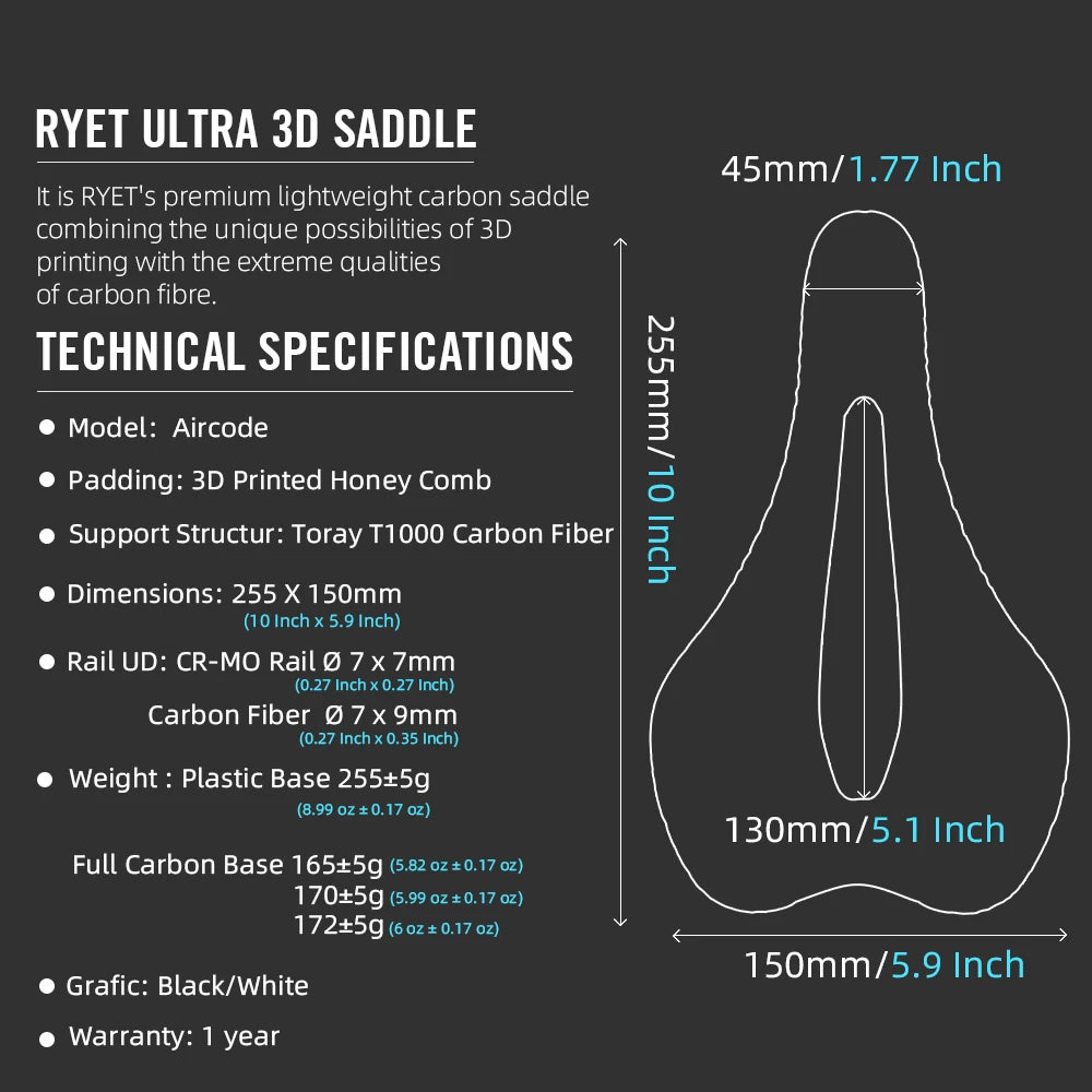 RYET 3D Printed Bike Saddle Ultralight Carbon Fiber Hollow Comfortable