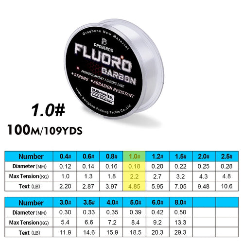 PROBEROS 100M Fluorocarbon Coating Fishing Line 2.2LB-29.3LB Carbon